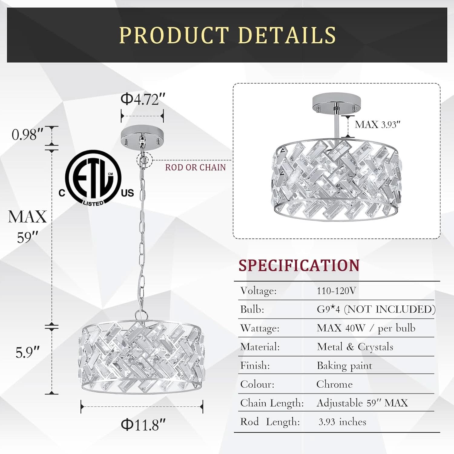 Chrome Crystal Chandelier 12 Inch Light Semi Flush